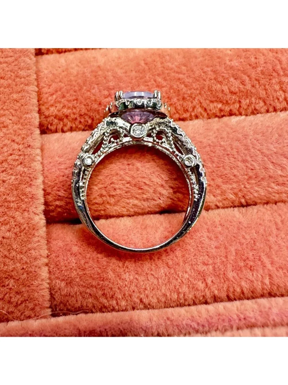 Silver-Tone Halo CZ Cathedral Engagement Ring Size 6 Sparkling Cubic Zirconia